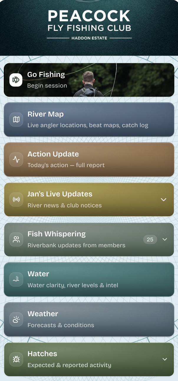 Peacock Fly Fishing Club home screen
